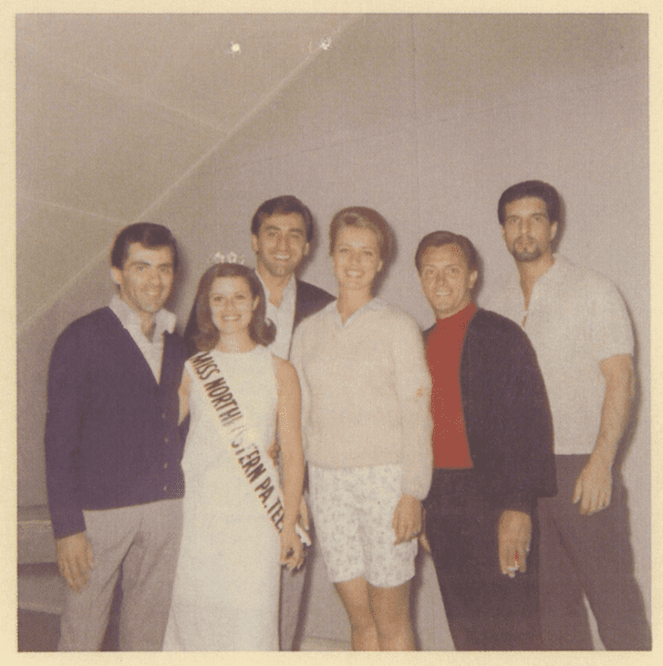 Former Rockette Barbara (second from the left) taking five between sets at Rocky Glen Amusement Park in 1961 with Frankie Valli and the Four Seasons.